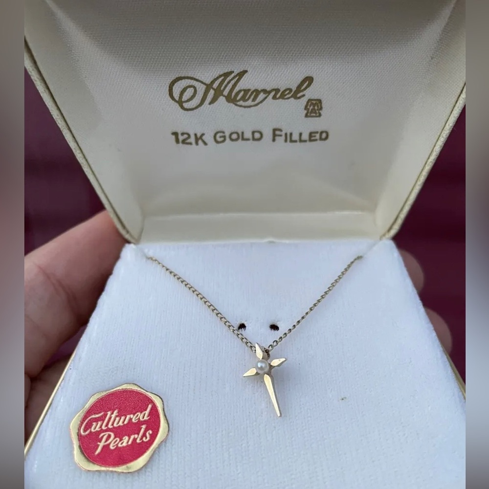 Rare Vintage Marnel Cultured Tiny Cross Pearl 12K Gold Filled 17” Chain Necklace